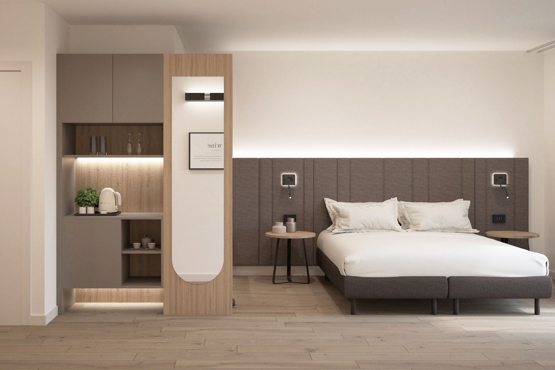 Gravelbike Holidays © Garni Hotel Cornelian Modernes Schlafzimmer mit grauem Bett, Spiegel und Küchenzeile